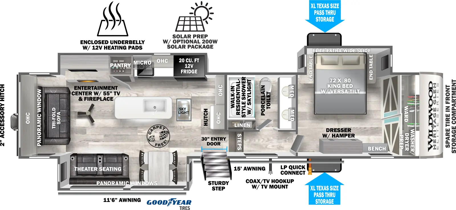 The 34RL has 3 slide outs with 2 on the off-door side and 1 on the door side with 1 entry door. Exterior features include a rear 2 in. receiver hitch, 11 ft. 6 in. and 15 ft. awning, 30 in. entry door with Sturdy Step with strut assist, coax/TV hookup with TV mount, LP quick connect and XL Texas size Pass-Through Storage. Interior layout from front to back includes: front bedroom with 72 x 80 King bed and end tables in an off-door side slide out, front closet with wardrobe and washer/dryer prep, dresser with hamper and a bench; off-door side bathroom with walk-in shower with skylight, porcelain toilet, double sink vanity, 2 medicine cabinets and linen storage; 2 steps down into kitchen/living area; rear facing hutch with overhead cabinet; kitchen island with sink and ceiling fan; off-door side slide out holding an entertainment center with 55 in. TV & fireplace, pantry, overhead microwave, stovetop, overhead cabinet and 20 cu ft refrigerator; door side slide out holding theater seating and a free standing dinette; rear wall tri-fold sofa with overhead cabinet.